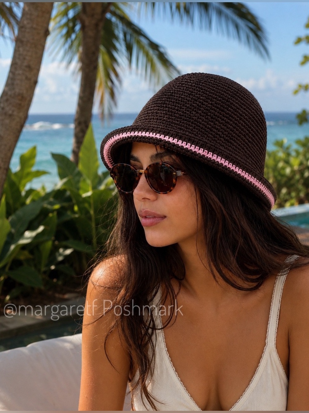 Zara Crochet band bucket hat , brown pink